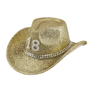 Sombrero de vaquero dorado con purpurina, número 18 de perlas y tachuelas para festivales