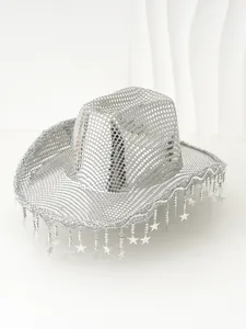 Shiny silver sequin cowboy hat with hanging star tassels and disco mirror finish.