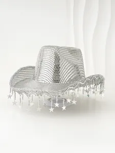Shiny silver sequin cowboy hat with hanging star tassels for party and stage performances.