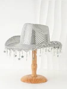 Sparkly silver sequin cowboy hat with star tassels for disco parties and stage performance