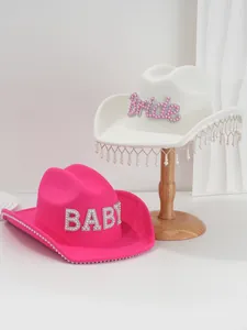 White and hot pink wool cowboy hats with Bride and Baby rhinestone pearl letters for parties