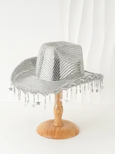 Shiny silver sequin cowboy hat detail with star tassels and wide brim for parties