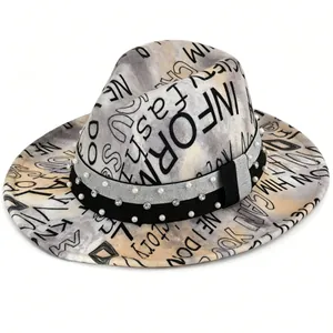 Unisex Letter Graffiti Fedora Hat Color Block Flat Brim Cowboy Hat With Rhinestone Artificial Pearl Band Party Jazz Hat