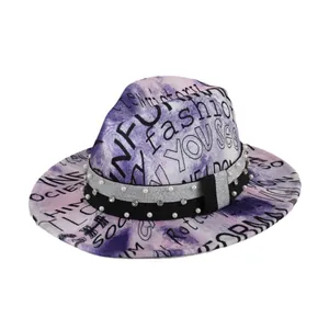 Trendy graffiti print fedora hat with purple color block and rhinestone pearl band decor