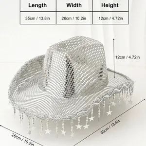 Silver mirrored Western cowboy hat featuring star tassels and sequin finish wide brim