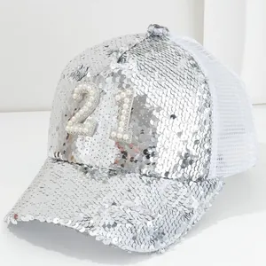 Shiny Sequin Baseball Cap With Number 21 Artificial Pearl Rhinestone Decorated Hip Hop Street Style Mesh Trucker Hat For Men Women