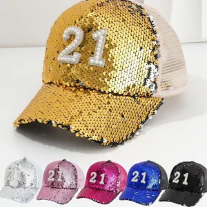 Glittering sequin baseball cap with pearl number 21 design in multiple colors
