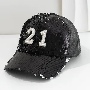 Sparkling black sequin baseball cap featuring white pearl number 21 streetwear design