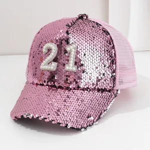 Pink sequined baseball cap with rhinestone pearl number 21 for fashion street style
