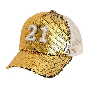 Gold sequined baseball cap with rhinestone pearl number 21 design for street style fashion