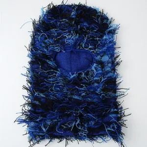 Distressed blue camo knitted balaclava with shaggy texture for winter skiing and outdoor