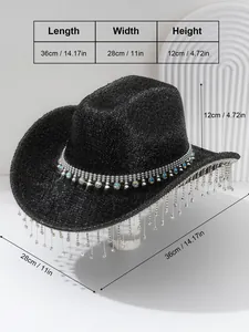 Black Y2K cowboy hat with rhinestone tassel fringe showing precise size dimensions