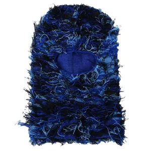Distressed blue and black knitted balaclava ski mask with one-hole shaggy fringe