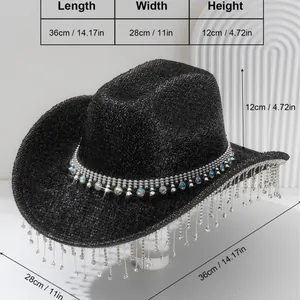Glittery black Y2K cowboy hat with rhinestone fringe and dimension measurements