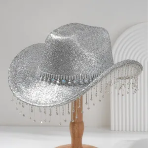 Sparkly silver Y2K cowboy hat with rhinestone fringe and gemstone band for music festivals