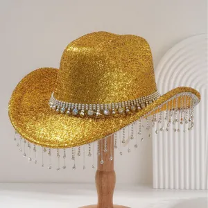 Glittering gold cowboy hat with rhinestone fringe tassels for Y2K music festival fashion