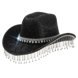 Sparkling black cowboy hat featuring Y2K rhinestone fringe and crystals for music festivals