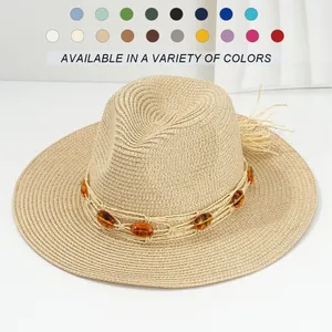 Panama Style Handwoven Paper Straw Hat For Women Unisex Beach Sun Hat With Amber Stone Decoration Wide Brim Cowboy Hat For Summer Vacation