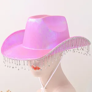 Chapeau de Cowboy en Polyester Holographique Avec Frange de Strass Bord Large Fedora Western pour Femmes Fête de Festival
