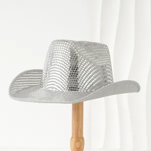 Cappello da Cowboy Silver Sequin Disco Ball Cappello Western a Specchio Lucido per Palcoscenico Festival Musicale Stile Punk Jazz