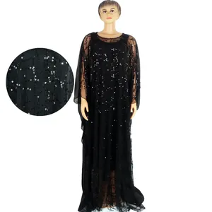 Elegante vestido largo africano negro con lentejuelas, malla fina y forro interior