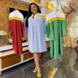Damen Afrikanisches Gestreiftes Hemdkleid Übergröße Farbblock Patchwork Midi-Kleid Polyester Baumwollmischung Kaftan-Kleid