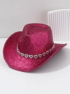 Cappello da cowboy fucsia glitterato con fascia di strass a cuore per festival musicali