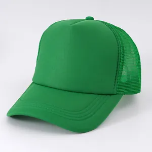 Side view of vibrant green foam trucker hat with breathable mesh back