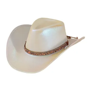 Cappello da cowboy bianco cangiante con fascia decorativa a mosaico per le feste