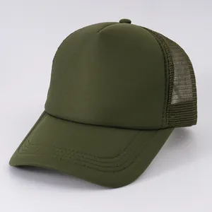 Detailed macro view showing breathable olive green foam trucker mesh baseball cap