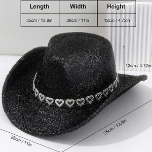 Cappello da cowboy nero glitterato con fascia di cuori in strass, 35x28x12cm Y2K