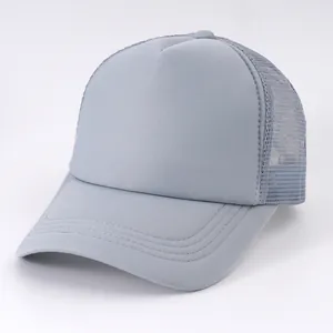 Detailed view of a light grey breathable foam trucker hat with a classic mesh back