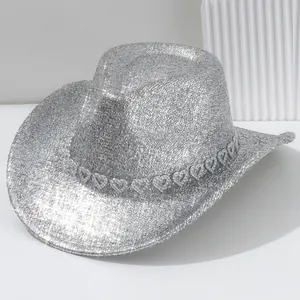 Cappello da cowboy glitterato argento con fascia in strass a cuore per festival Y2K