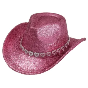 Cappello da cowboy glitterato rosa con fascia di strass a cuore per feste Y2K.