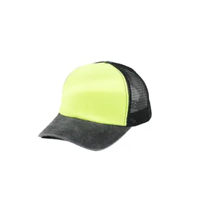 Modischer Unisex Trucker-Hut aus Denim-Netz in Neongelb und Grau für Sonnenschutz
