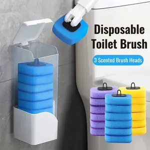 Wall Mounted Disposable Toilet Brush Set With Cleaning Fluid Replaceable Sponge Heads Deep Cleaning Bathroom Toilet Scrubber Tool
