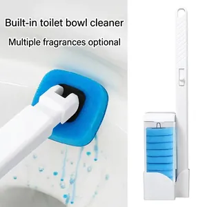 Wall-mounted disposable toilet cleaning brush set with blue replaceable sponge heads