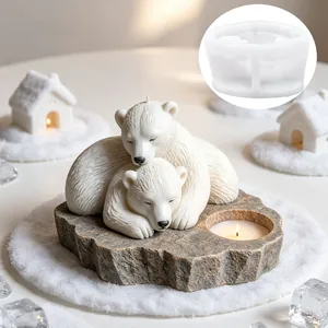 Cuddling Polar Bears Candlestick Silicone Mold For DIY Aromatherapy Candle Making Winter Animal Shape Fondant Cake Resin Casting Handmade Home Decor