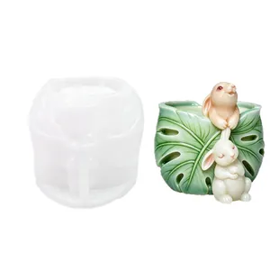 Stampo in silicone per vaso decorativo a forma di foglia di monstera e coniglio