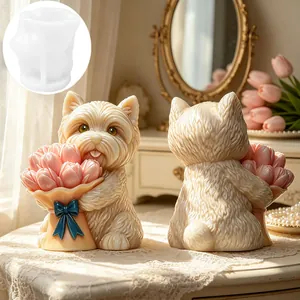 Detailansicht der Westie-Hund-Silikonform mit fertiger Kerze und einem Tulpenstrauß.