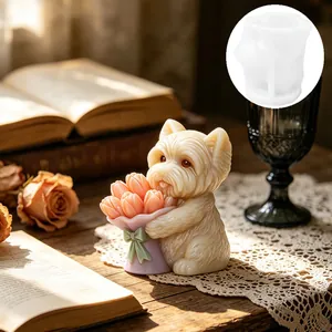 3D West Highland Terrier Silikonform mit Tulpenstrauß für DIY Duftkerzen