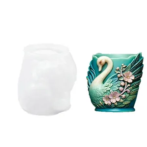 Moule professionnel en silicone de pot de fleurs avec relief de cygne 3D pour DIY