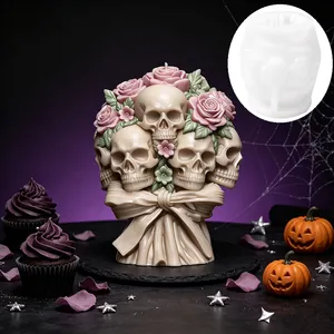 Detailed macro view of a Halloween skull rose silicone mold and finished wax candle