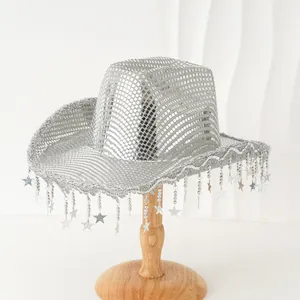 Sparkly silver sequin cowboy hat with dangling star tassels for disco party and stage.
