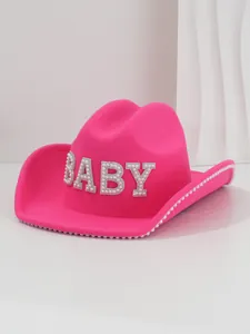 Vibrant pink wool cowboy hat featuring BABY rhinestone letters and elegant pearl trim decoration
