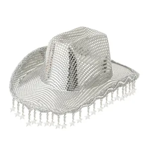 Glittering silver disco cowboy hat featuring sequin tiles and shiny star fringe tassels