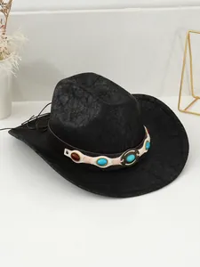 Retro black cowboy hat with a wide brim and detailed turquoise gemstone band decoration