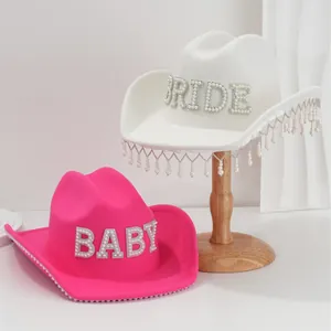 Women Pearl Rhinestone Cowboy Hat Bride Baby Mrs Letter Felt Fedora For Wedding Honeymoon Party Decorative Fashion Hat