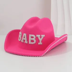 Stylish hot pink wool cowboy hat featuring pearl BABY letters and elegant rhinestone trim