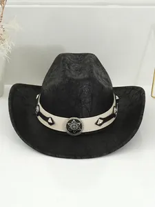 Detailed view of vintage black cowboy hat with studded belt and star emblem detail